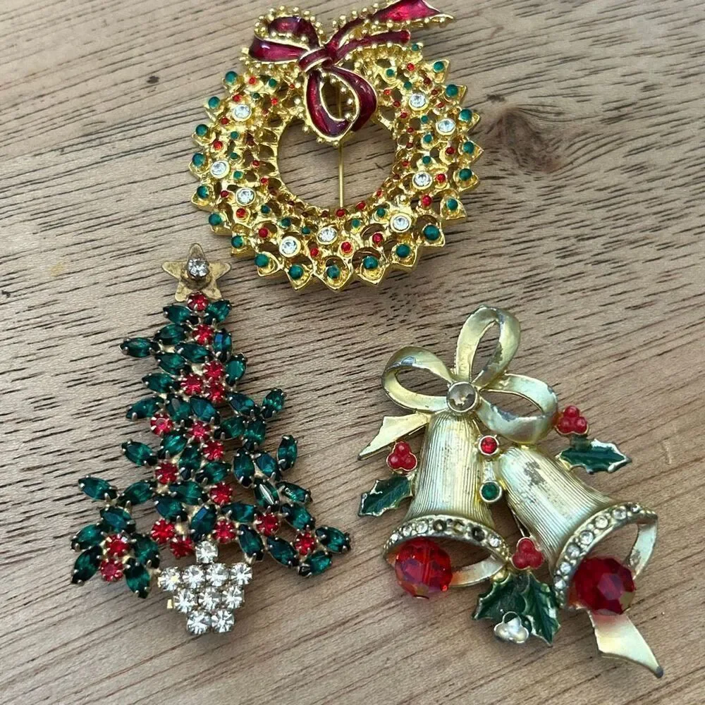 Lot of 3 vintage Christmas pin brooch wreath Christmas tree rhinestone bells
